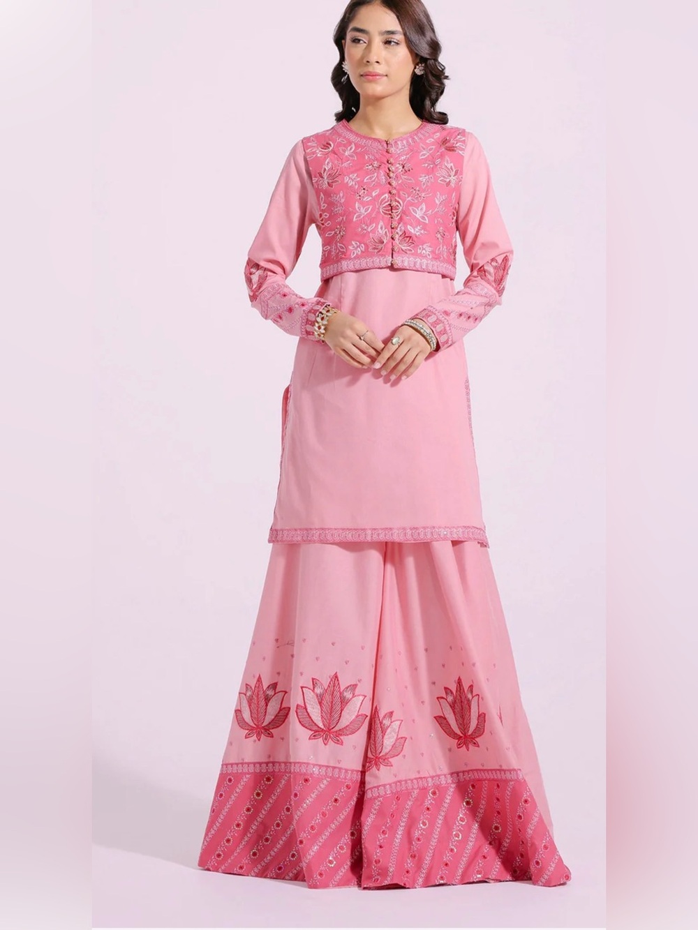 Pink Embroidered Women's Skirt Set - Elegant Floral Palazzos